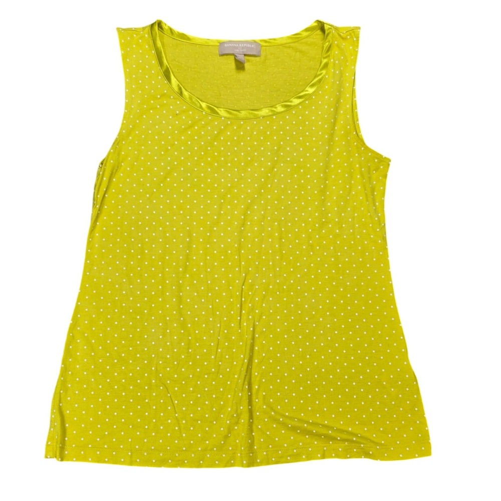 Banana Republic Luxe Touch Tank Top Women's Size S Green Polka Dot Satin Trim